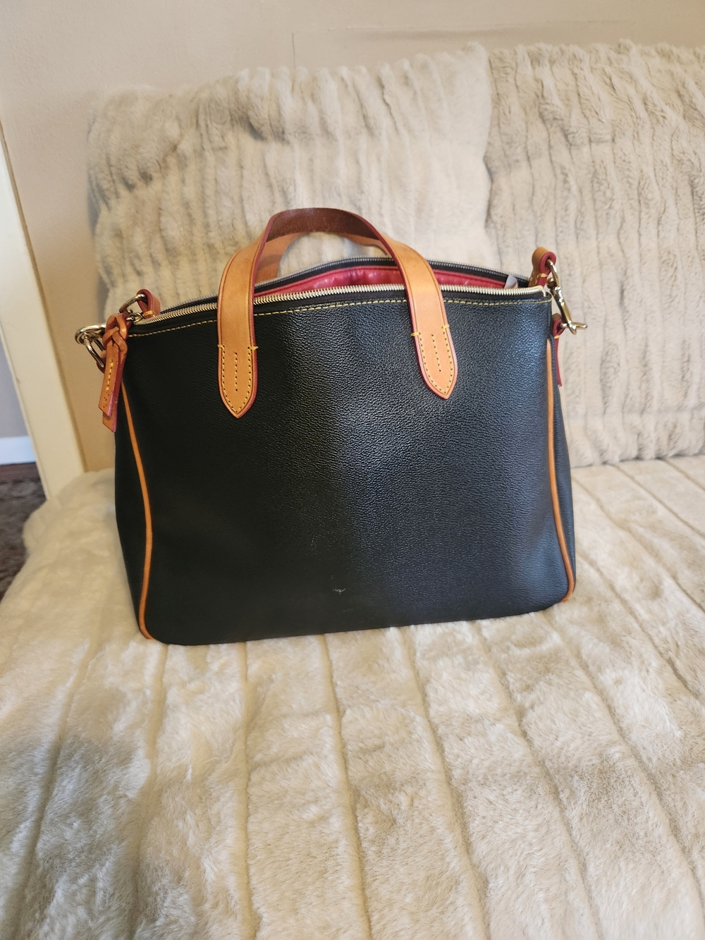 Dooney & Bourke Black Duffel with Tan Trim and Red Interior - Picture 2 of 3